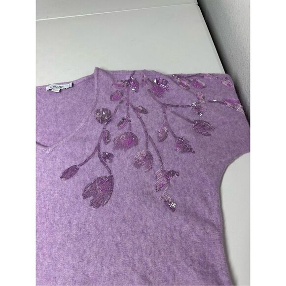 Chico’s Women’s Bohemian Sequin Purple V-Neck Sweater Size 1/M Wool Blend - Picture 8 of 14